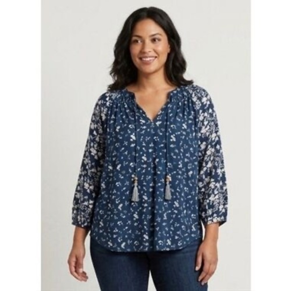 Mason & Belle Womens Blue Floral Tassel Tie Peasant Blouse Top Small